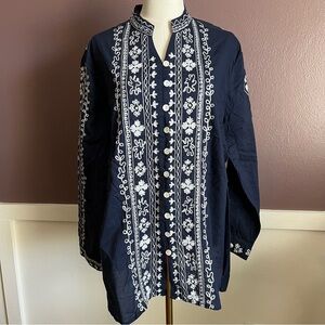 Chico’s Embroidered Long Sleeve Navy Top
